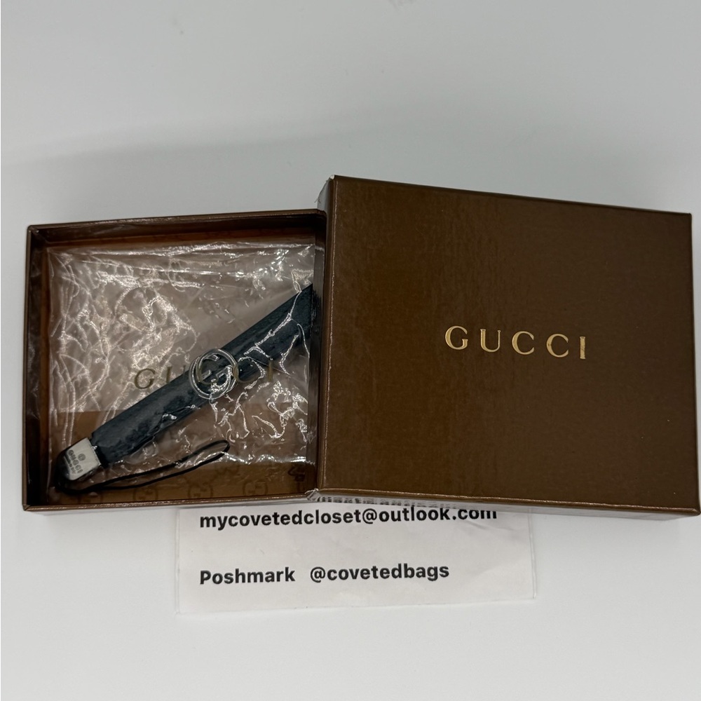 Gucci Black Leather Charm, Phone or Key Tether with Silver GG. New in box!